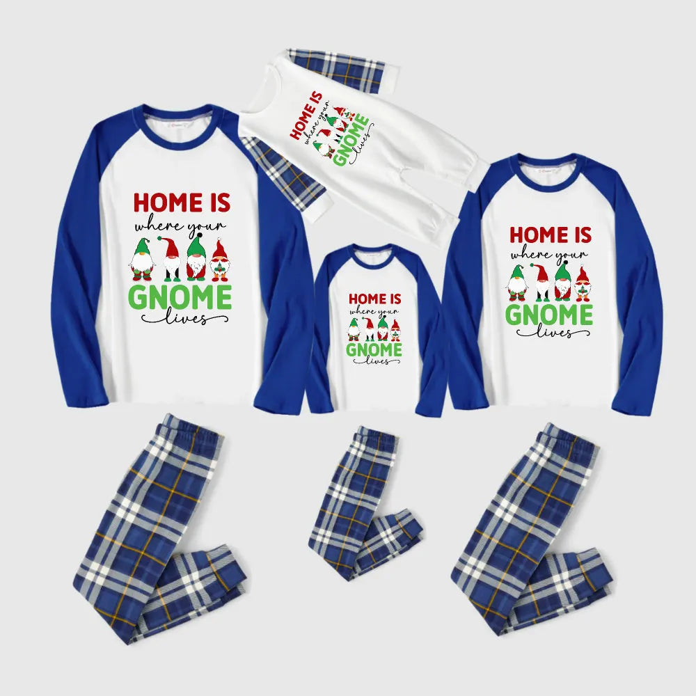 Christmas Family Matching Pajamas-Blue Raglan Top Blue Plaid Pants Pjs Set with "Home Is Where Your Gnome Lives" Print
