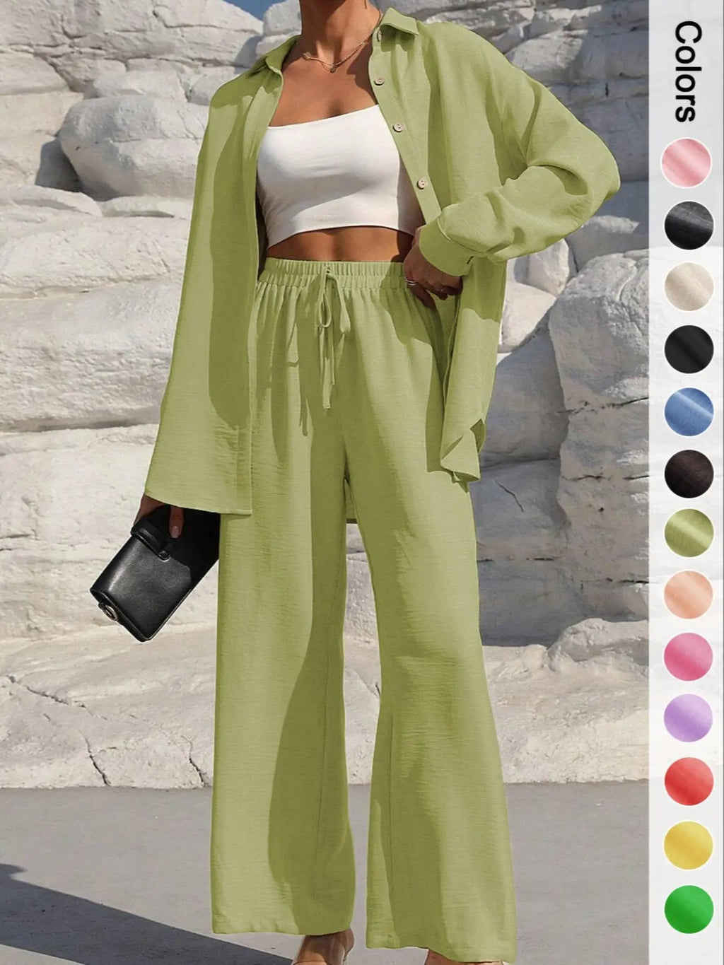 Women's Solid Button Front Shirt & Tie Front Wide Leg Pants Two-piece Set, Casual Drop Shoulder Long Sleeve Top & Trousers 2 Piece Set for Spring & Fall, Women's Clothes for Daily Wear, Casual Outfits Women