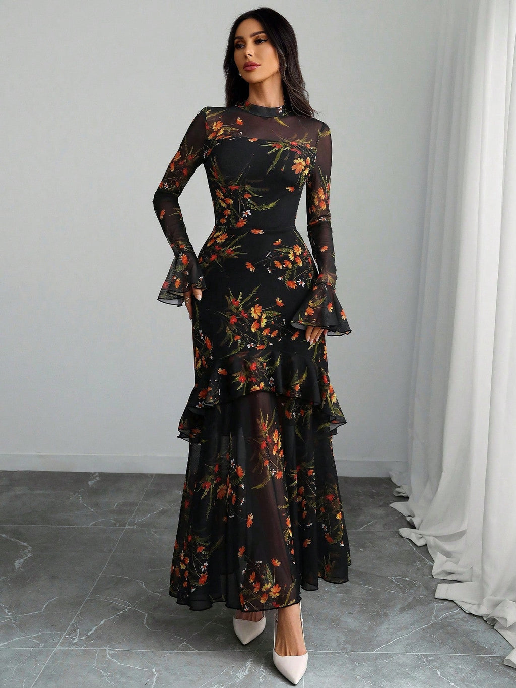 Women's Gothic Elegant Sexy Mesh Splicing Colorful Print Retro Petal Sleeves Ruffle Mermaid Hem Double Layer Dress
