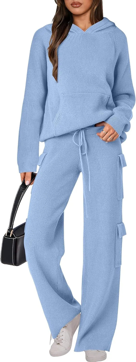 🎄Christmas Clearance 🔥 Women’s Two Piece Outfits Casual Knit Hooded Sweater Straight Leg Pants Set