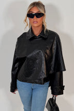 Black Faux Leather Jacket With Scarf Detail