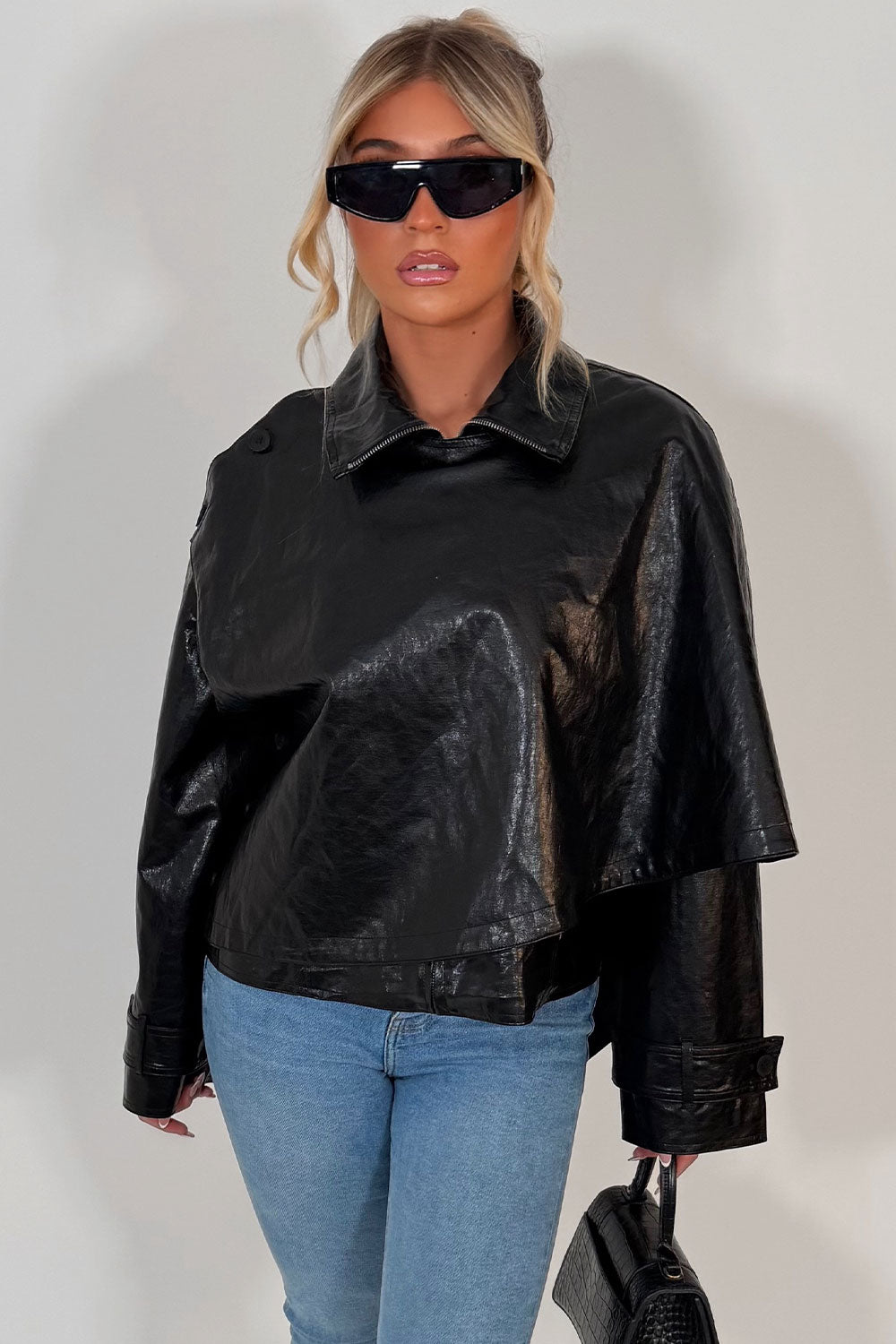 Black Faux Leather Jacket With Scarf Detail