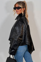 Black Faux Leather Jacket With Scarf Detail