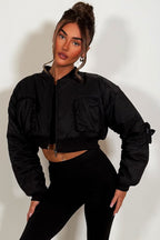 Crop Bomber Jacket With Pockets Black
