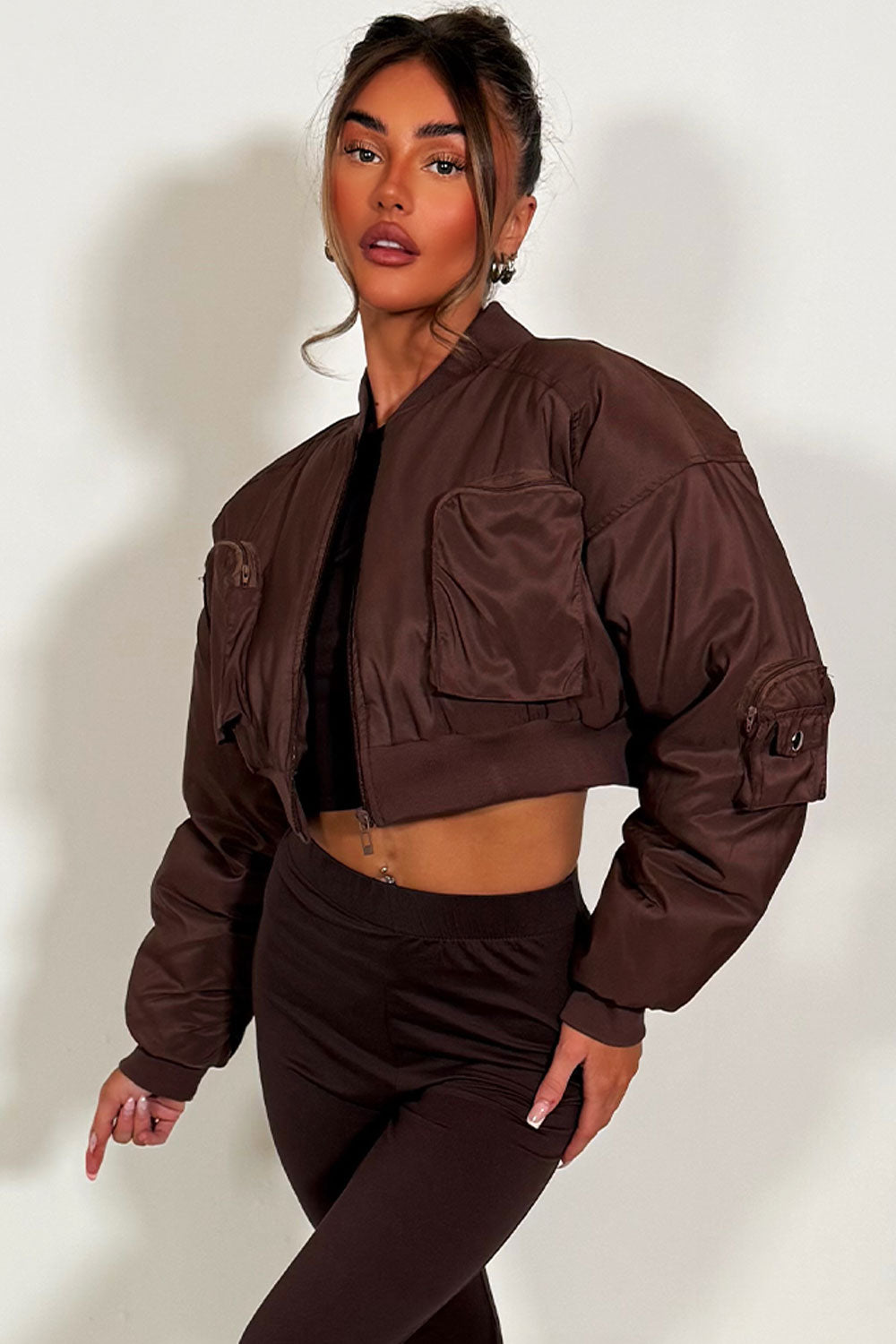Crop Bomber Jacket With Pockets Brown