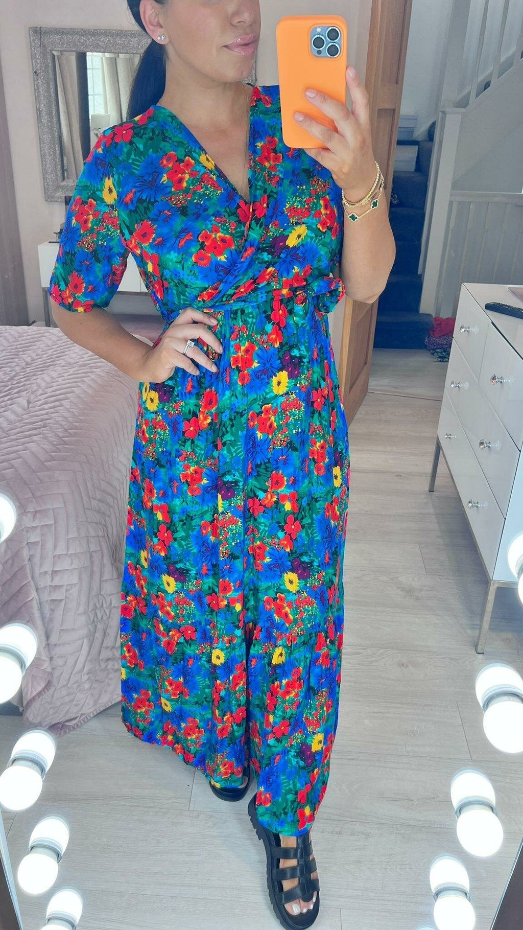Devina Royal Blue Floral Print Wrap Front Maxi Dress