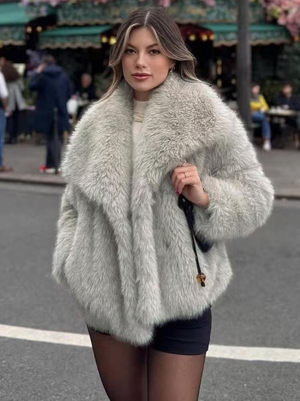 Women's Solid Color Faux Fur Fuzzy Jacket, Casual Long Sleeve Collared Fuzzy Coat for Fall & Winter, Women's Clothing for Daily Wear, Cute Tops