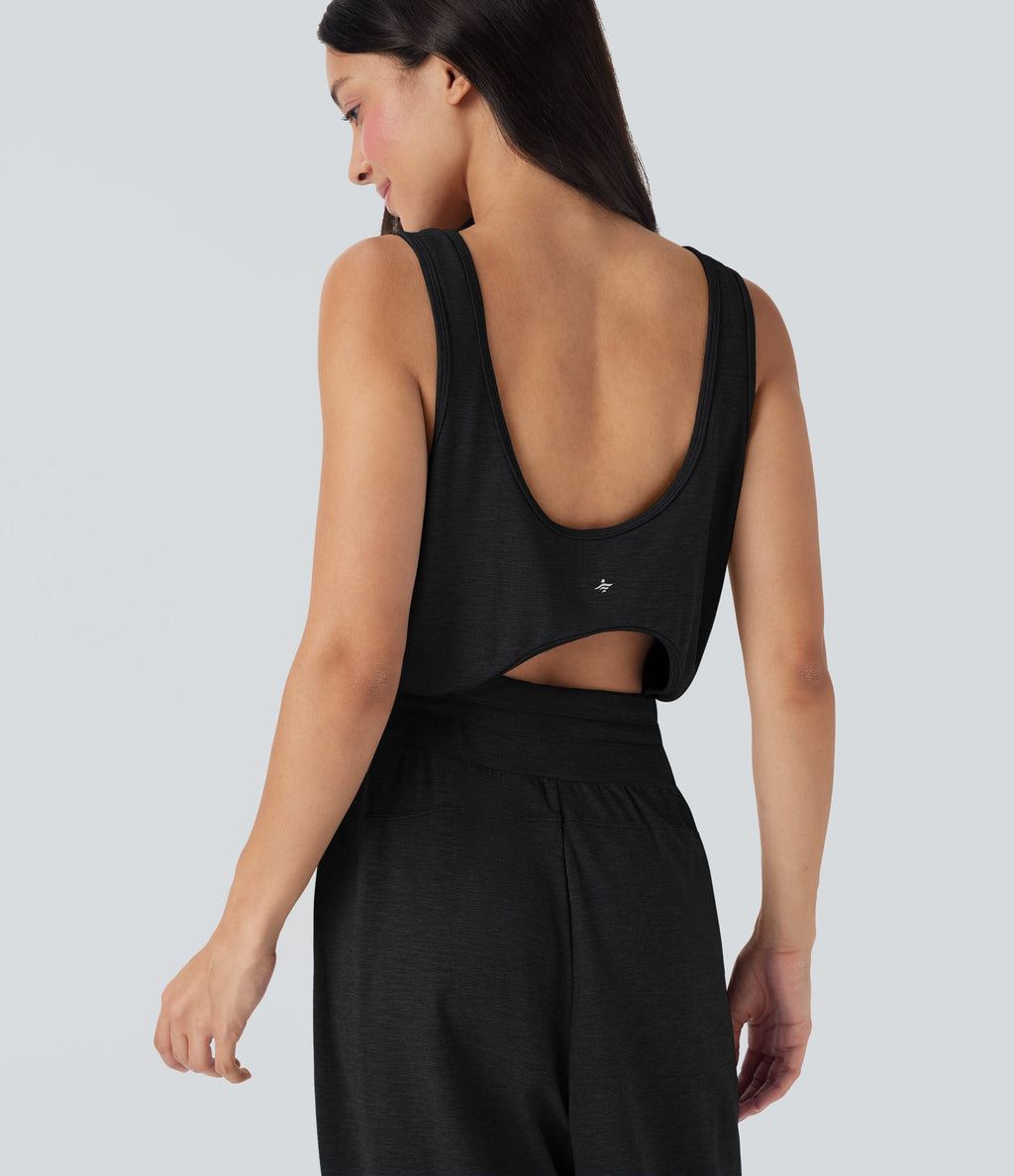 Sleeveless Cut Out Drawstring Yoga Jumpsuit with Pockets