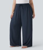 High Waisted Drawstring Linen-Feel Wide Leg Casual Plus Size Pants with Pockets