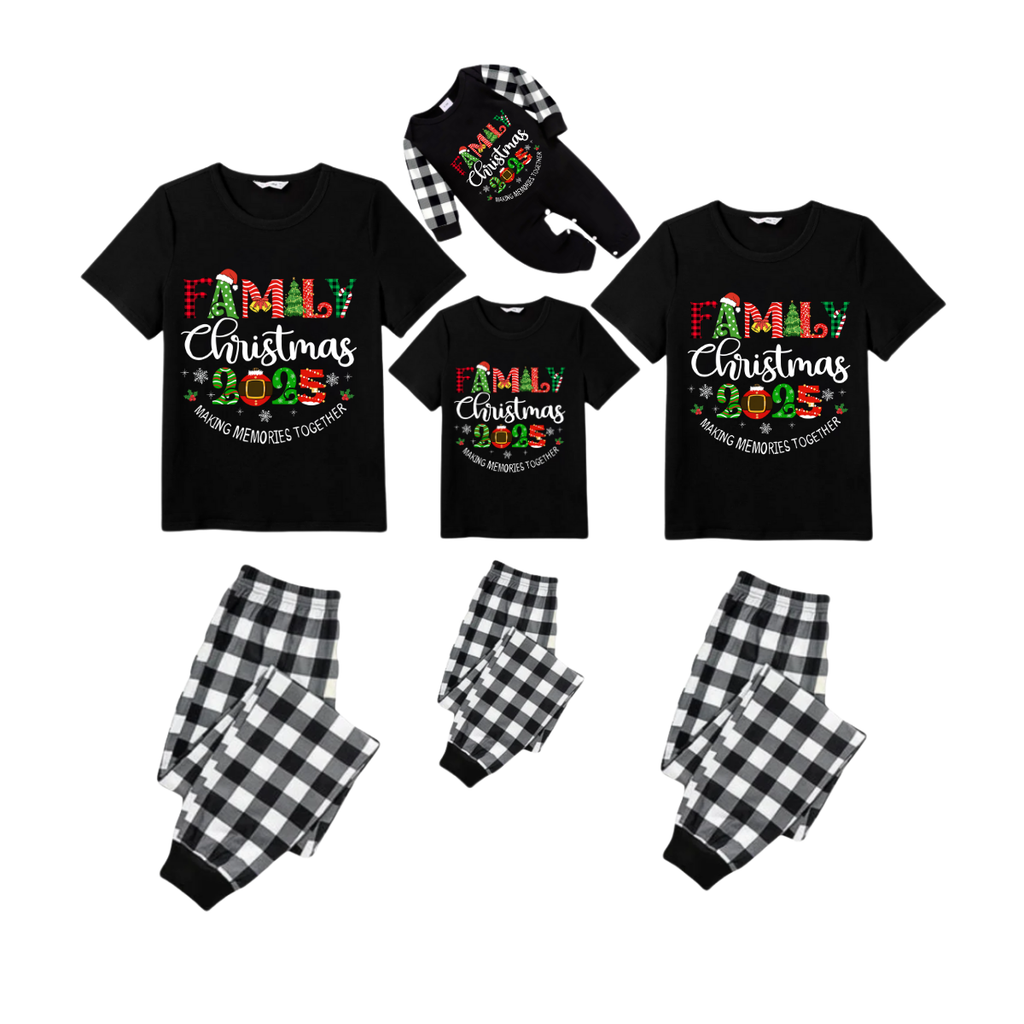 Making Memories Together Family Christmas 2025 Pajamas Set - Black Top Black and White Plaid Pants Colorful Christmas Graphic