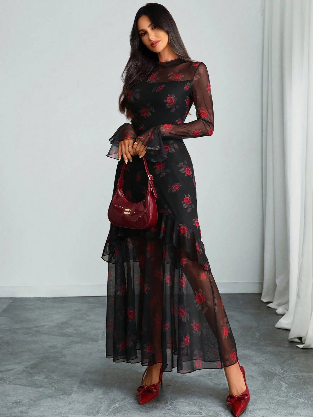Women's Gothic Elegant Sexy Mesh Splicing Colorful Print Retro Petal Sleeves Ruffle Mermaid Hem Double Layer Dress