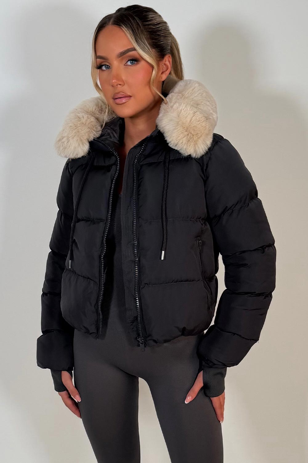 Puffer Jacket With Fur Hood Charcoal Grey