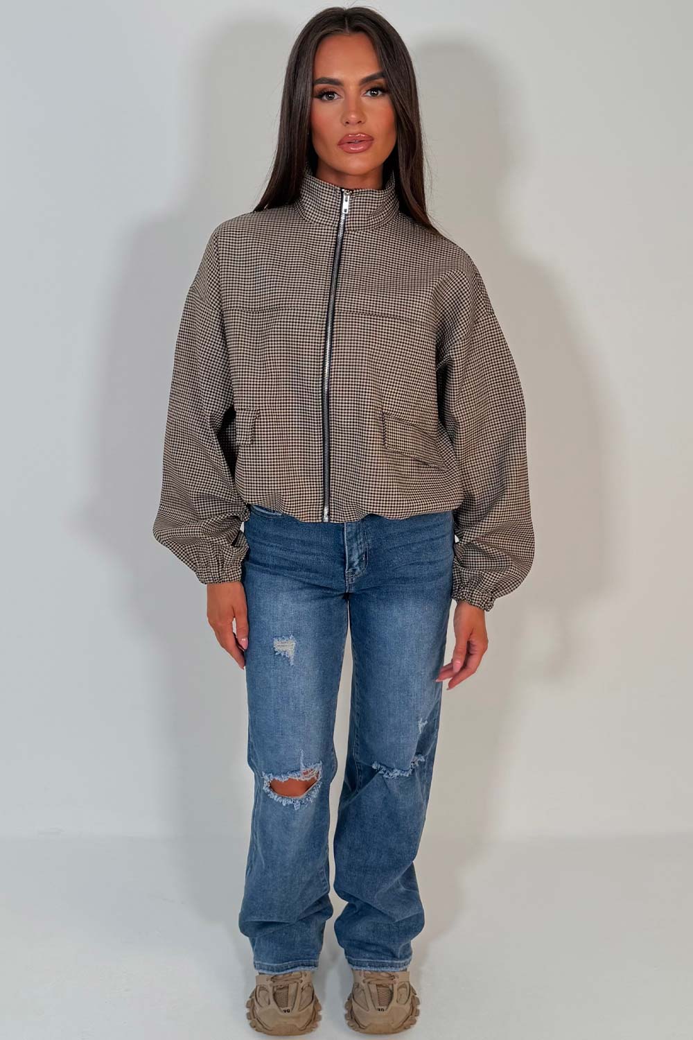 Checkered Bomber jacket With Collar Beige