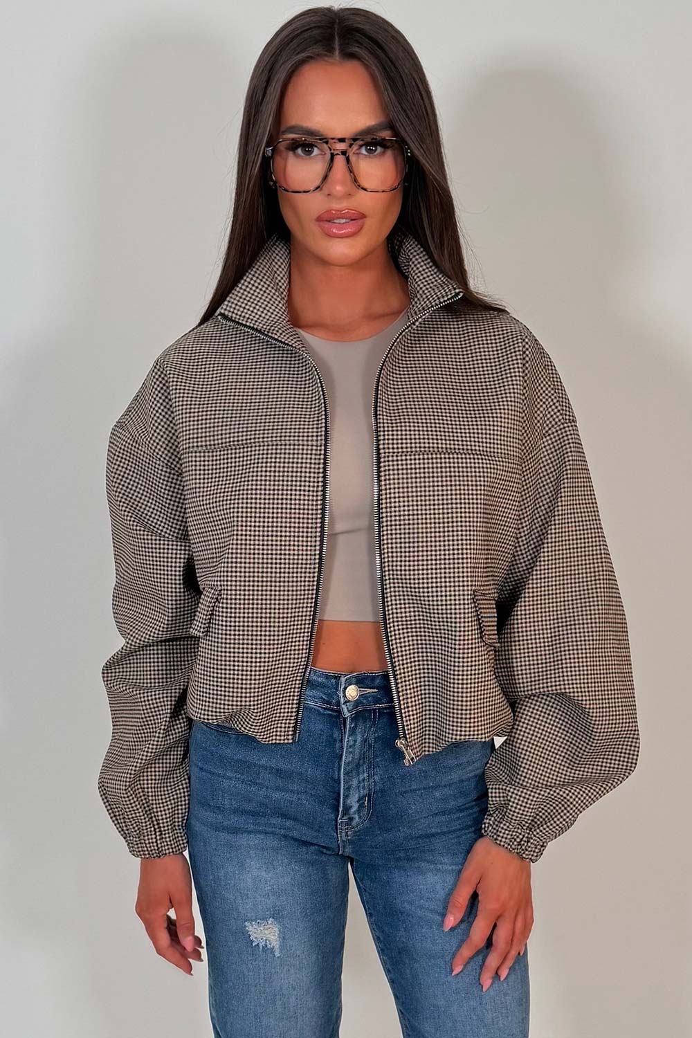 Checkered Bomber jacket With Collar Beige