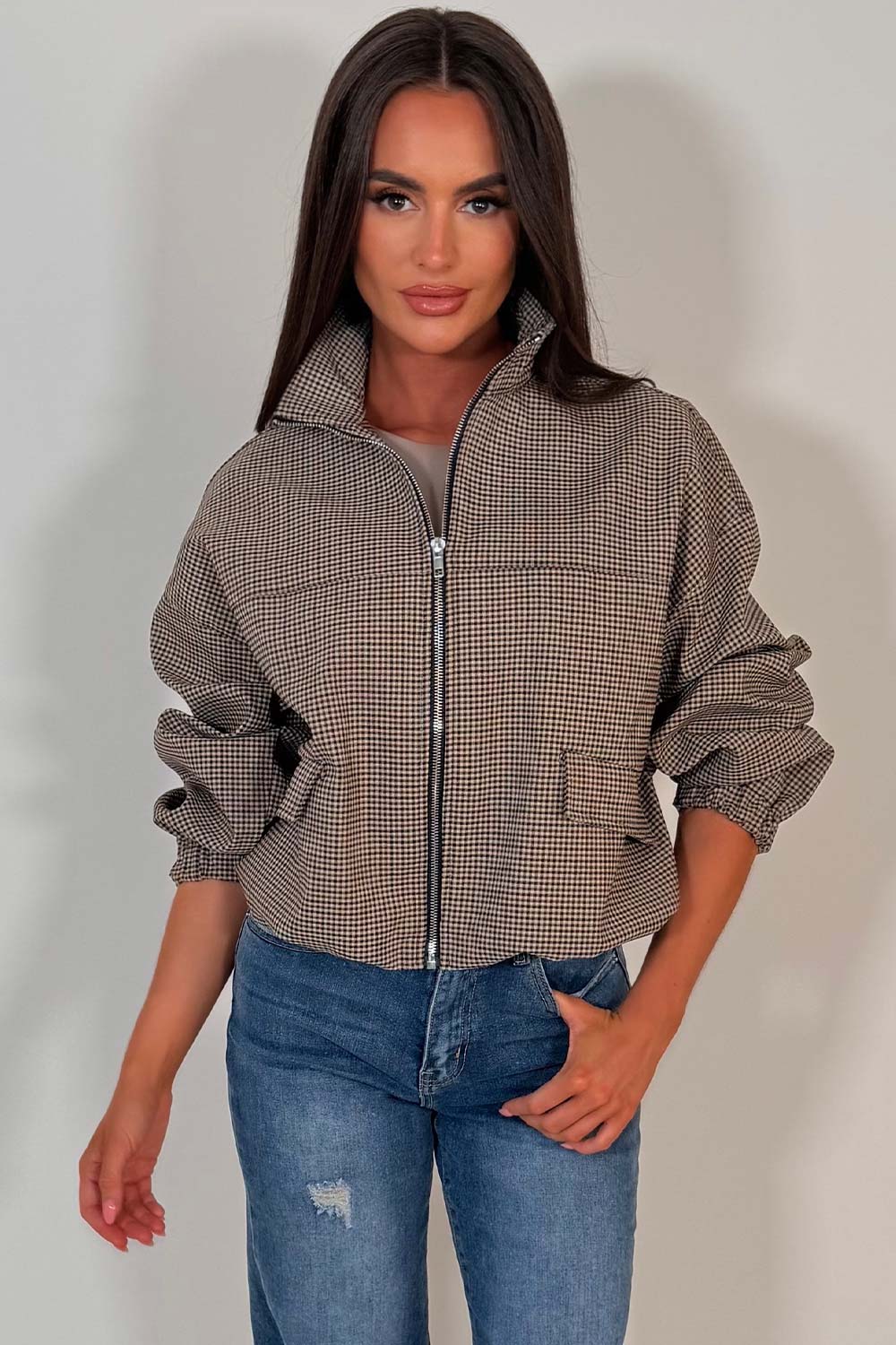 Checkered Bomber jacket With Collar Beige