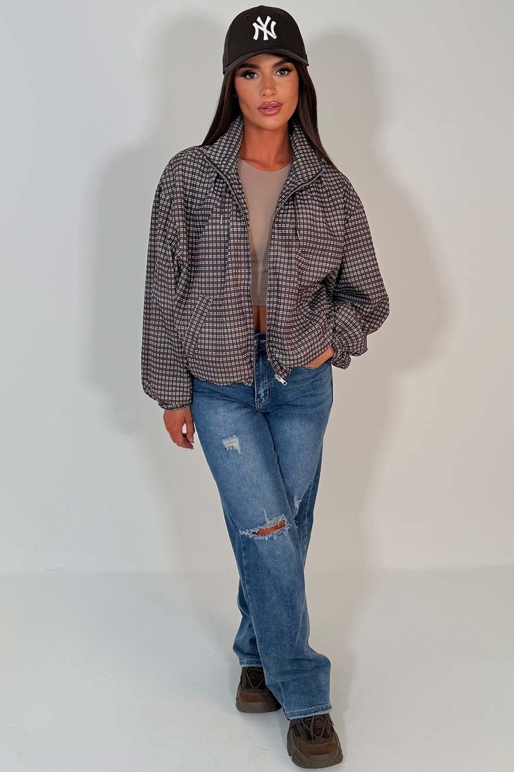 Check Jacket With Funnel Neck