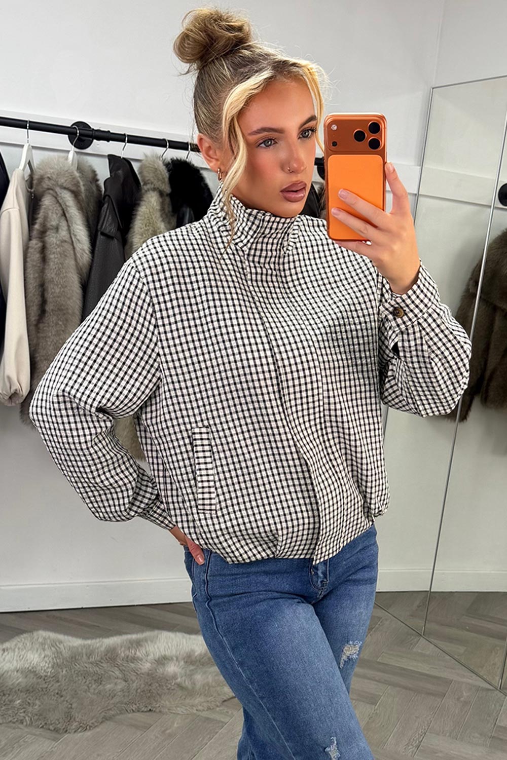 Oversized Check Print Jacket Long Sleeves