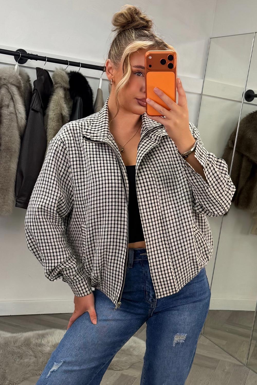 Oversized Check Print Jacket Long Sleeves