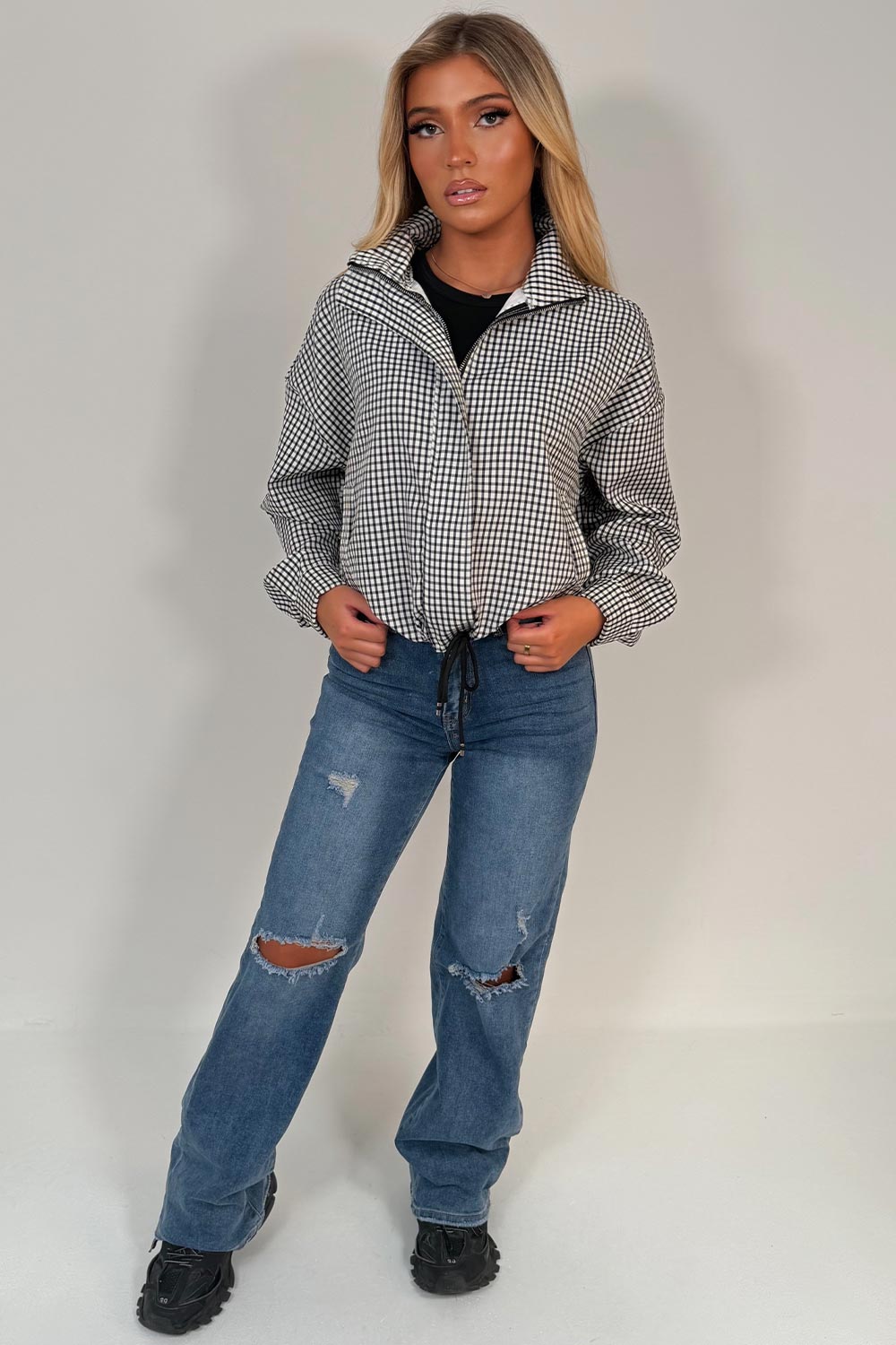 Checked Jacket With Drawstring Hem Black & White