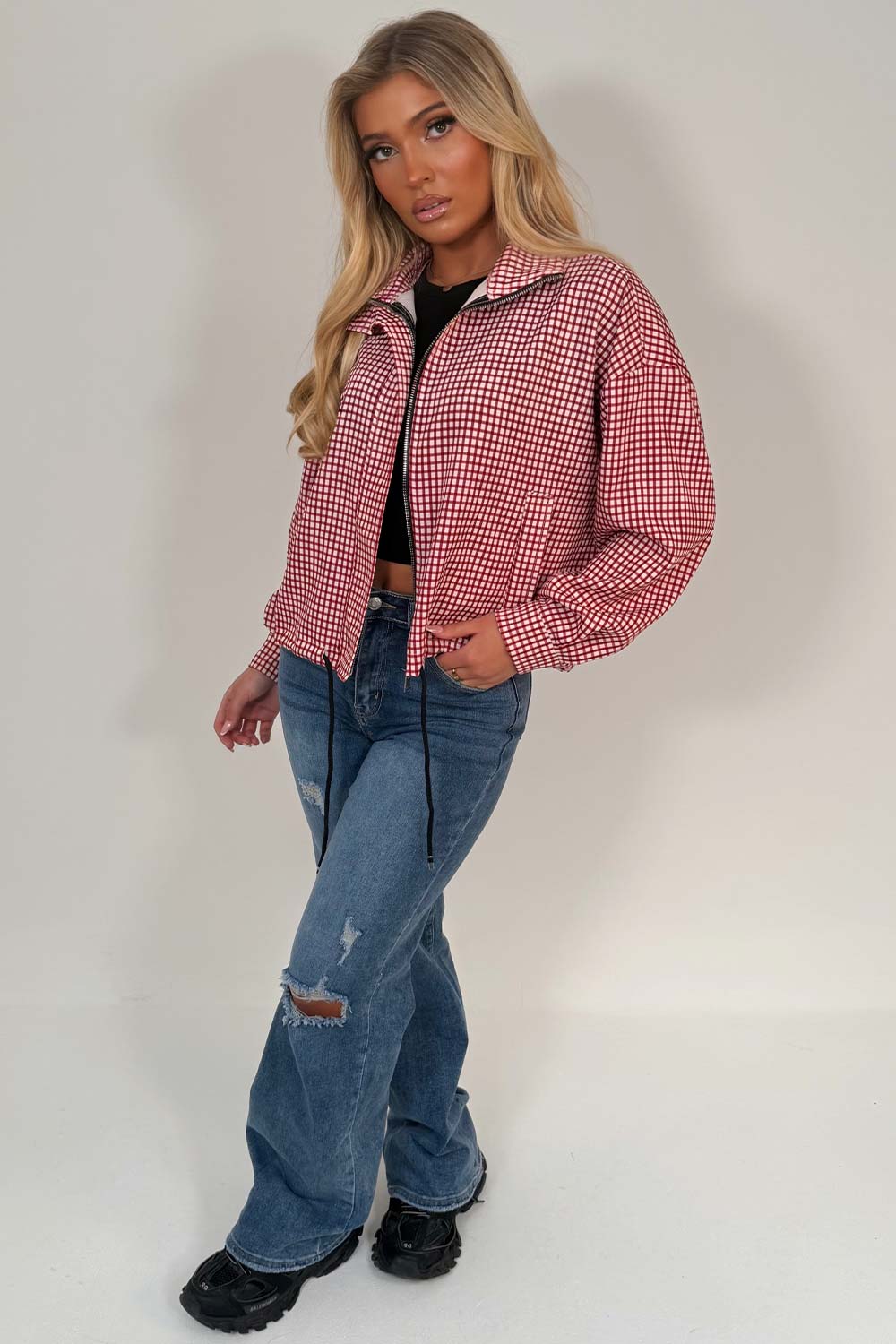 Red Checked Jacket With Drawstring Hem