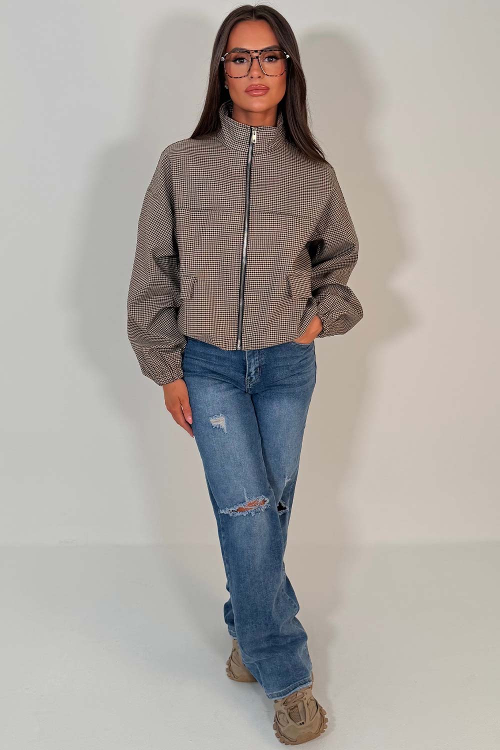 Checkered Bomber jacket With Collar Beige