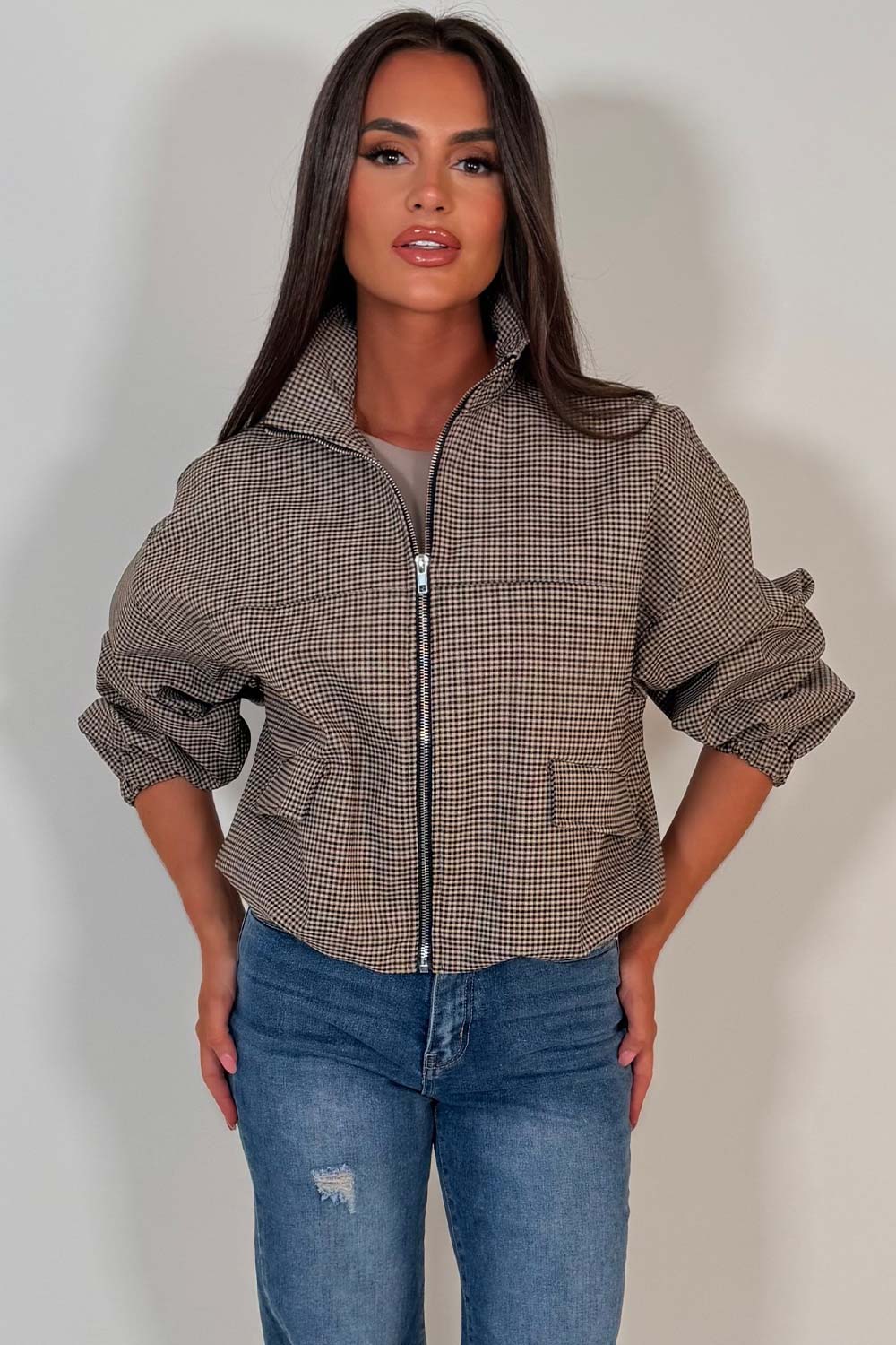 Checkered Bomber jacket With Collar Beige