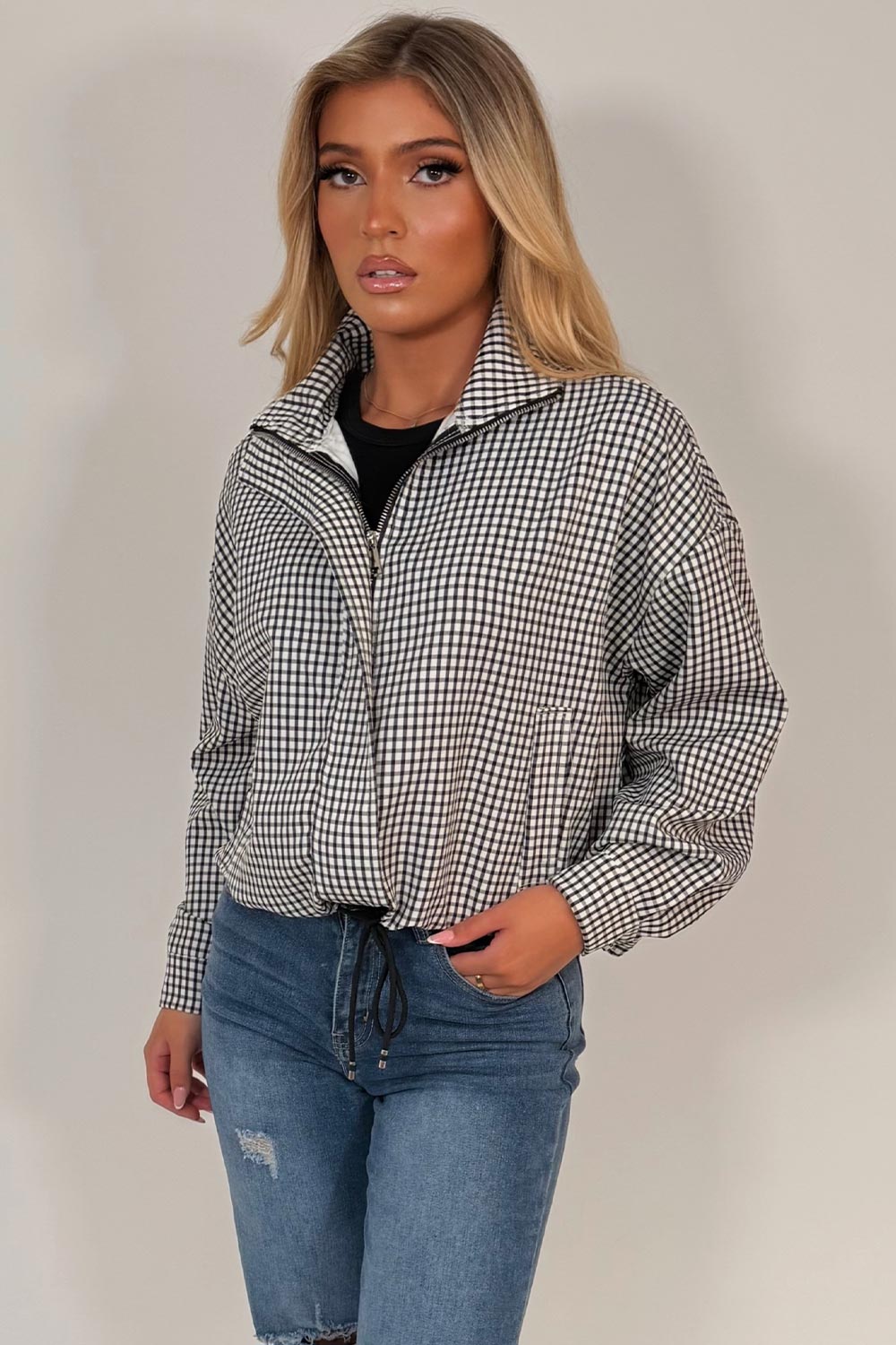 Checked Jacket With Drawstring Hem Black & White