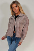 Brown Checked Jacket With Drawstring Hem
