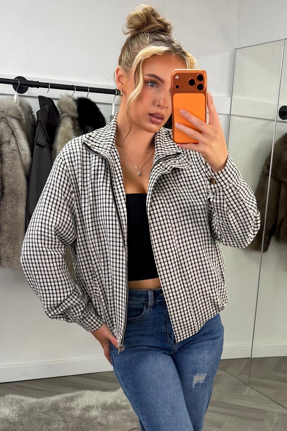 Oversized Check Print Jacket Long Sleeves