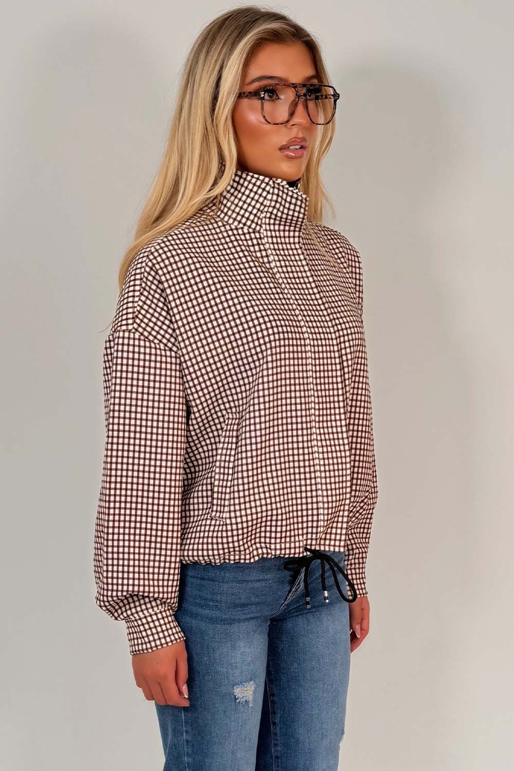 Brown Checked Jacket With Drawstring Hem