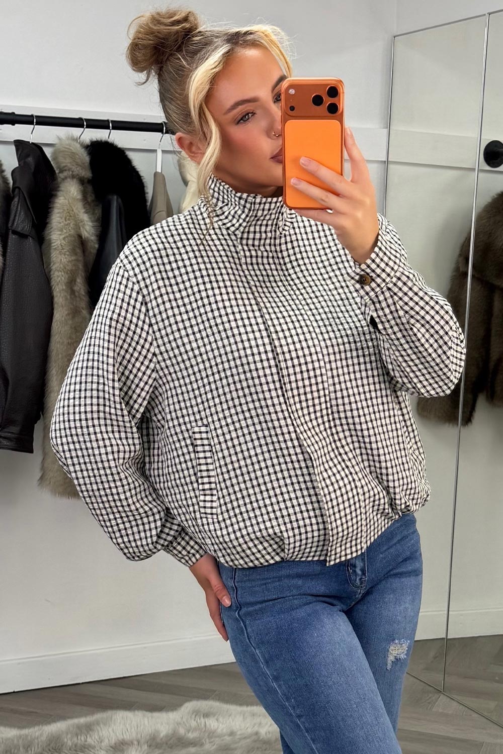 Oversized Check Print Jacket Long Sleeves
