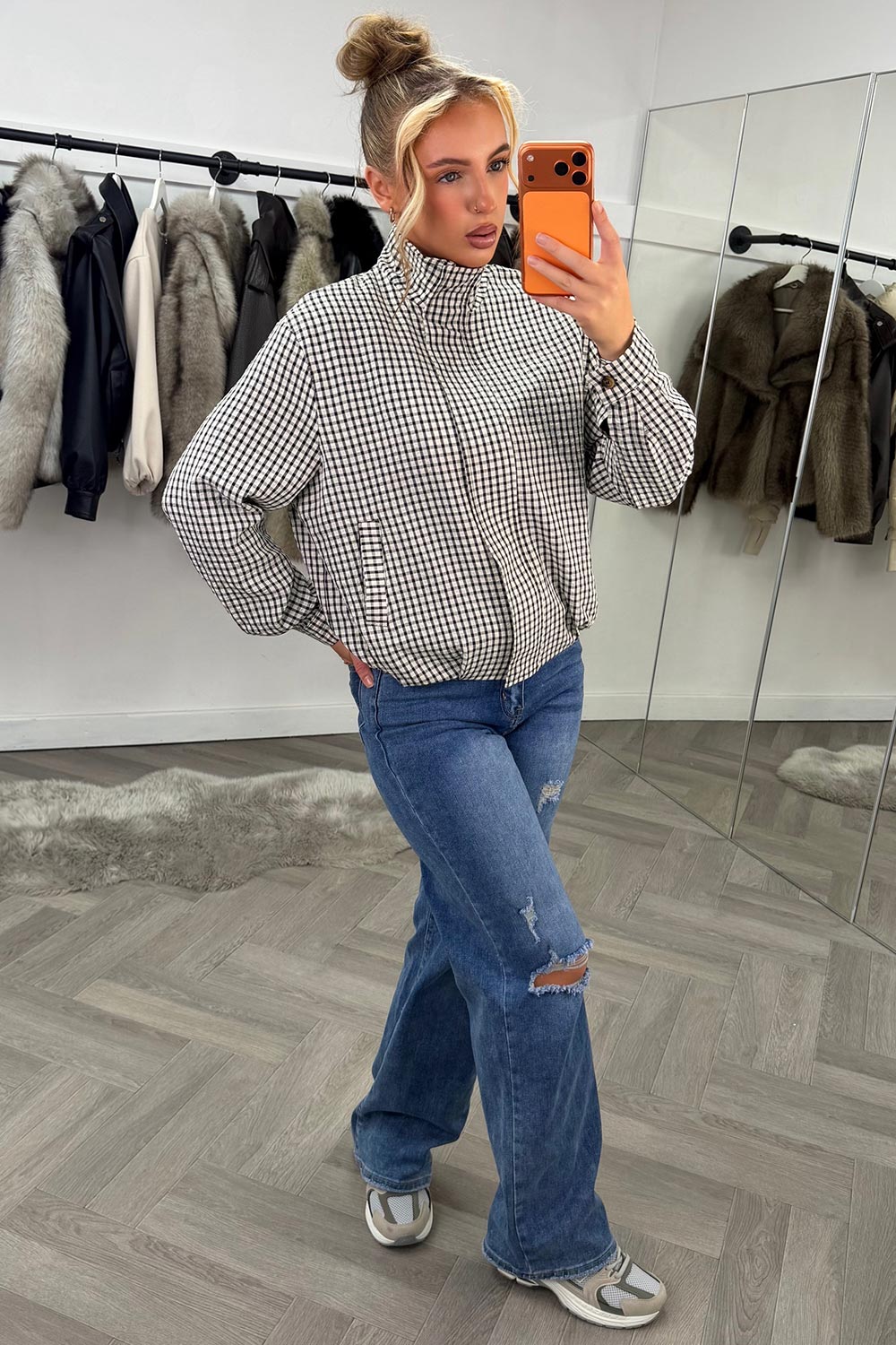 Oversized Check Print Jacket Long Sleeves
