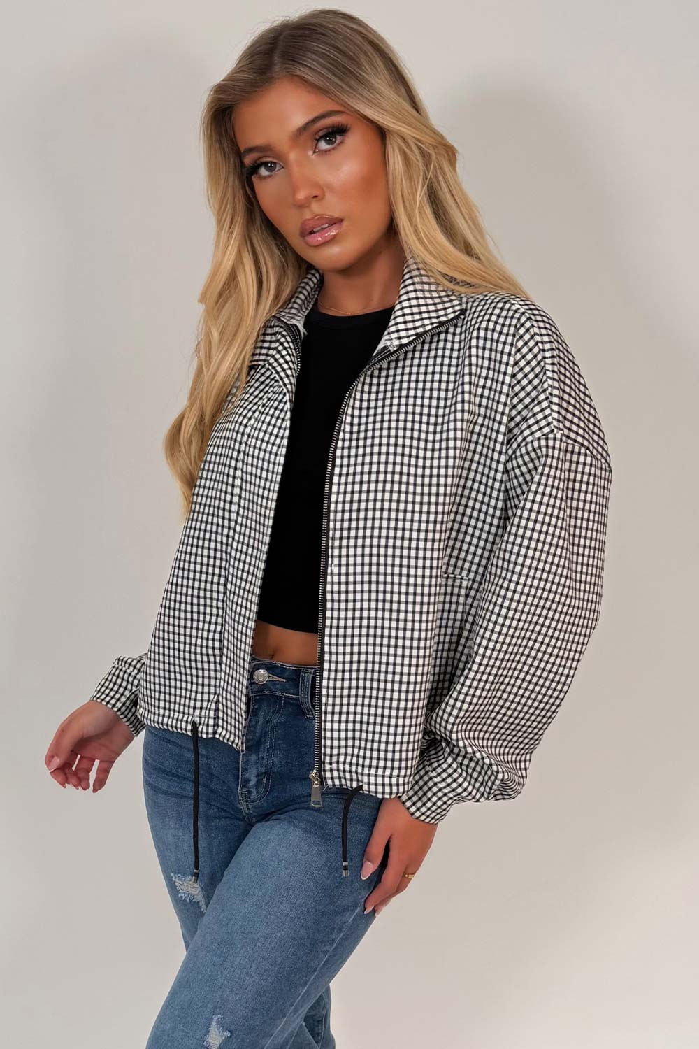 Checked Jacket With Drawstring Hem Black & White