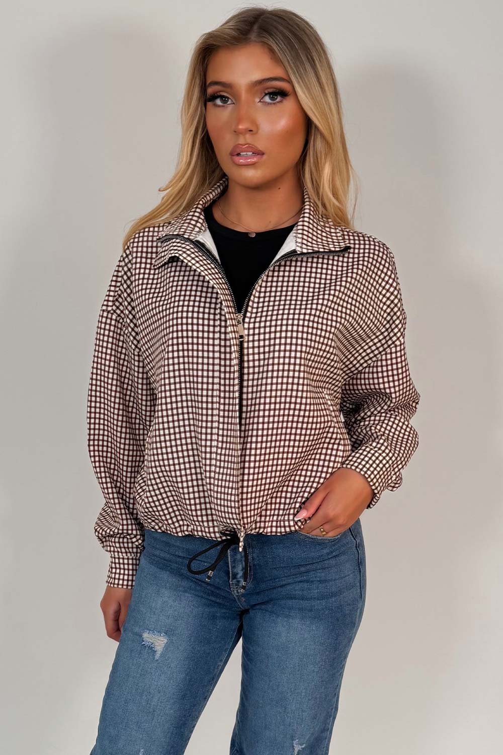 Brown Checked Jacket With Drawstring Hem