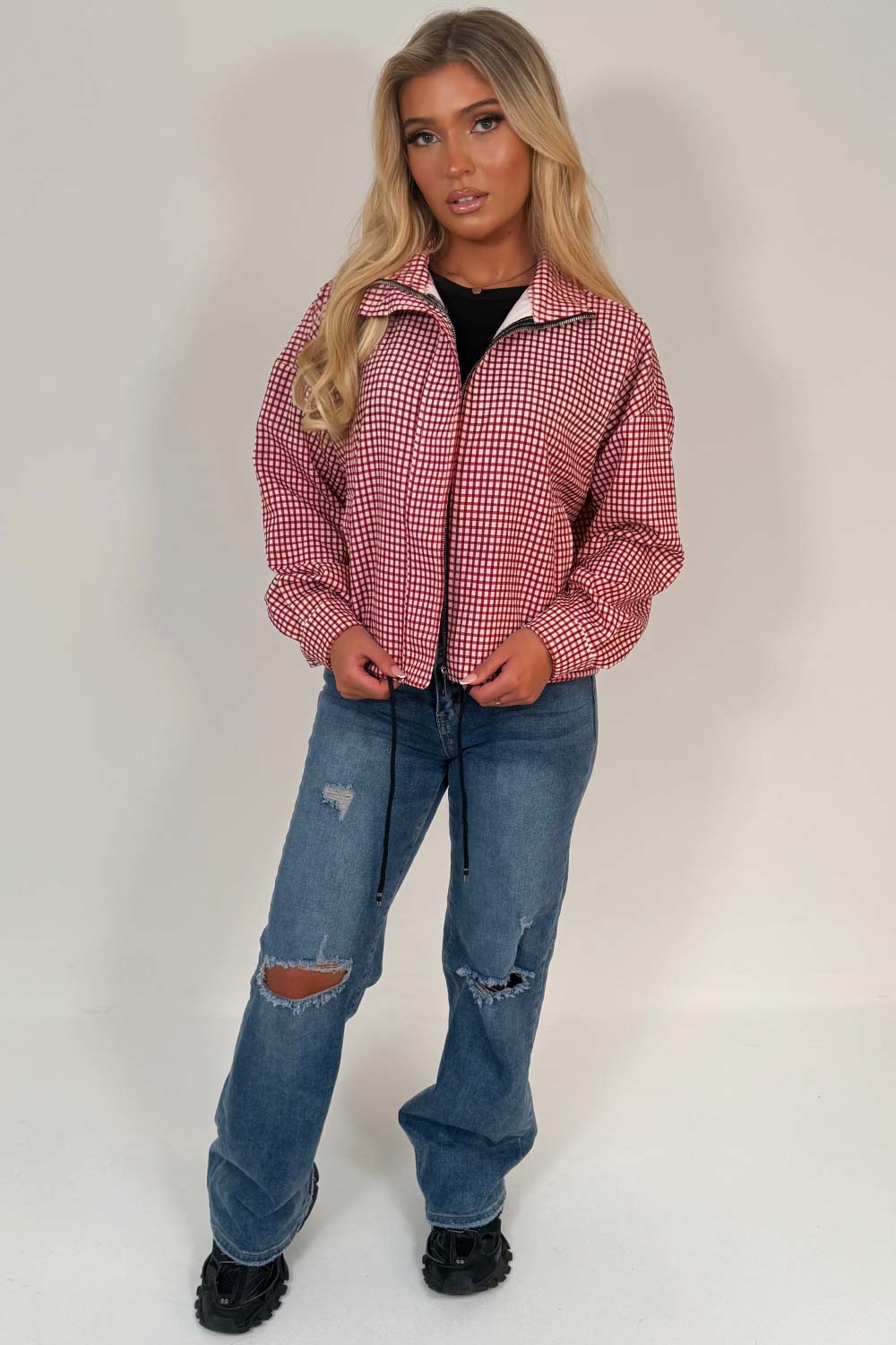 Red Checked Jacket With Drawstring Hem