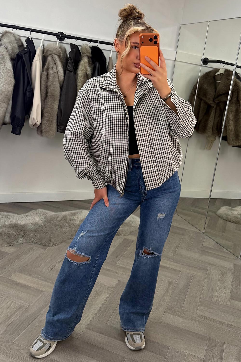 Oversized Check Print Jacket Long Sleeves