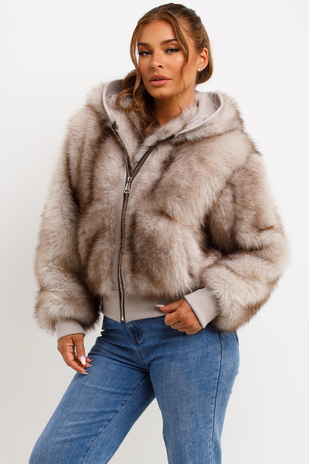 Fur Coat With Hood Beige