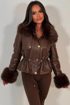 Brown Faux Leather Jacket With Faux Fur Collar Cuff & Adjustable Waist