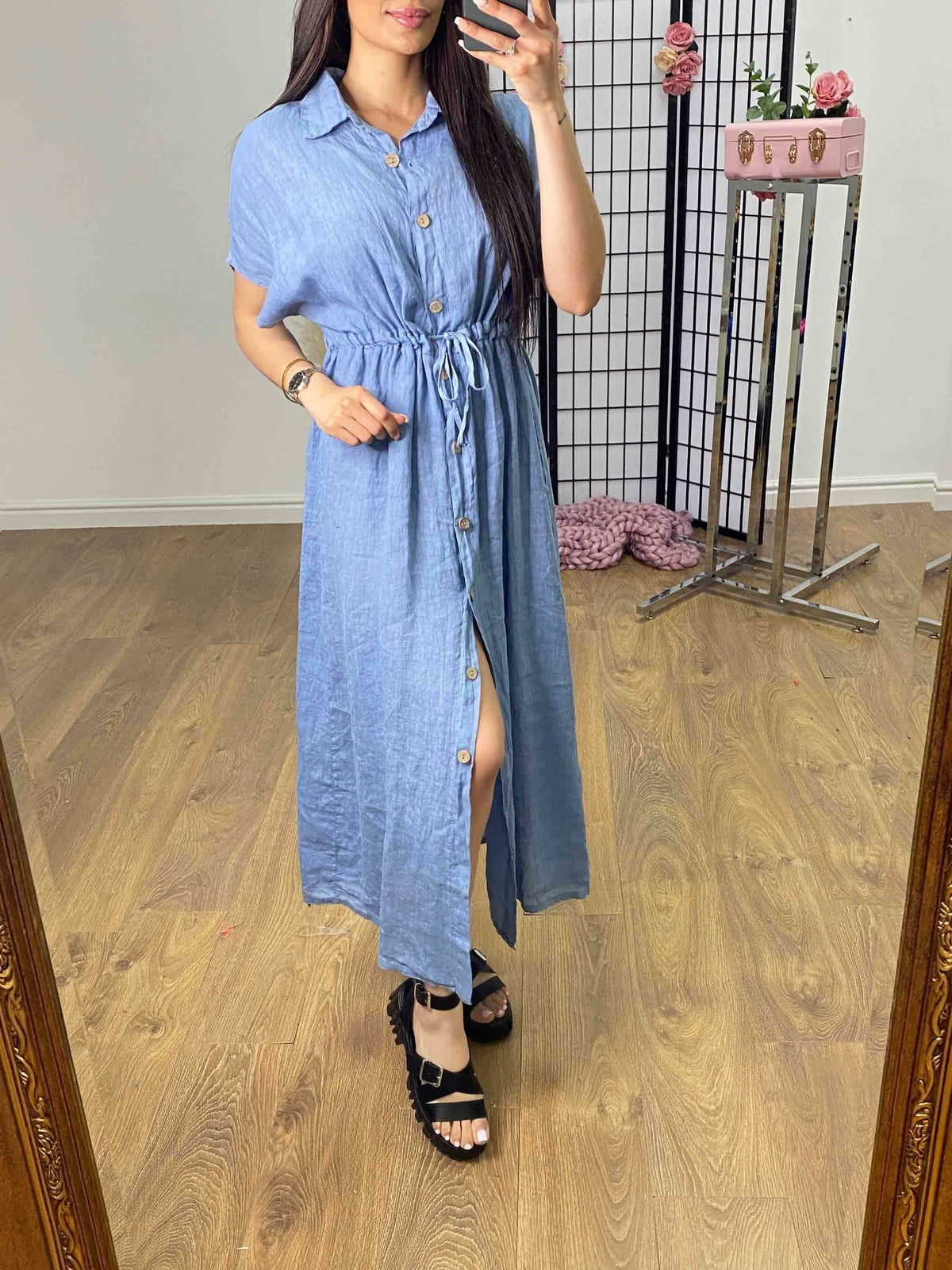 Cleris Plain Linen Button Front Dress