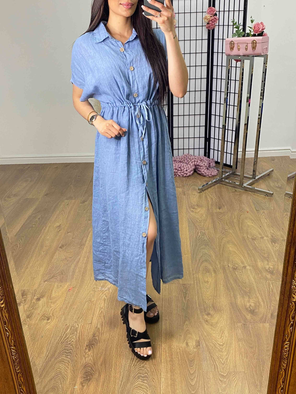 Cleris Plain Linen Button Front Dress