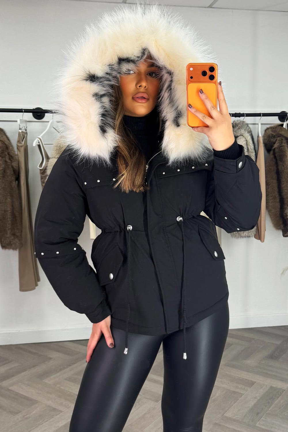 Black Coat With Faux Fur Hood And Drawstring Waist