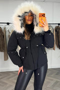 Black Coat With Faux Fur Hood And Drawstring Waist