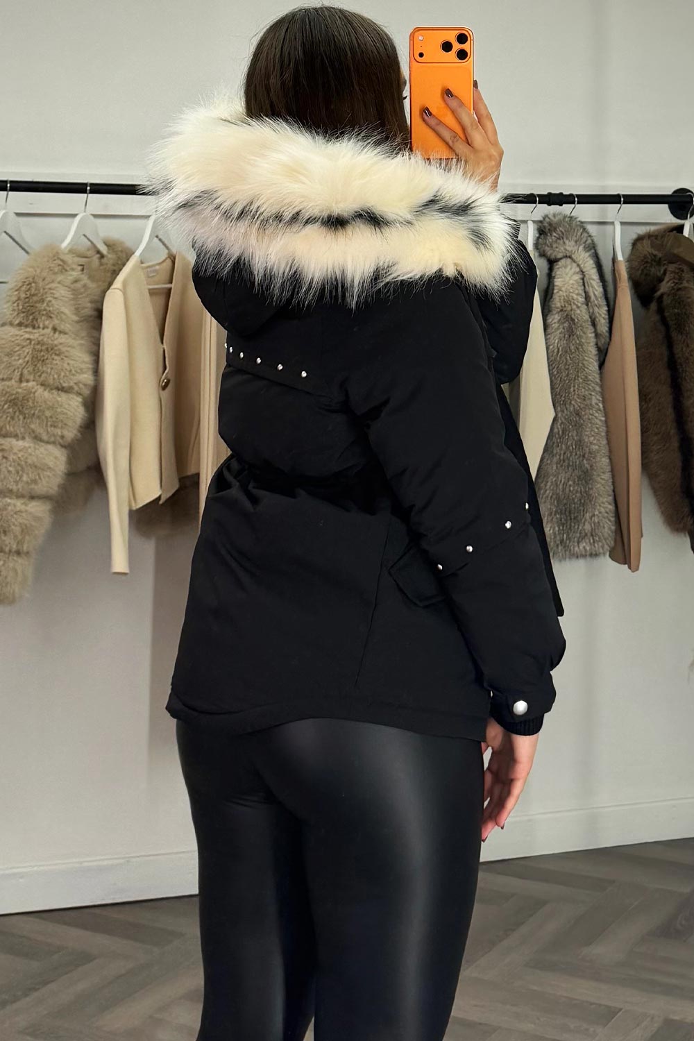 Black Coat With Faux Fur Hood And Drawstring Waist