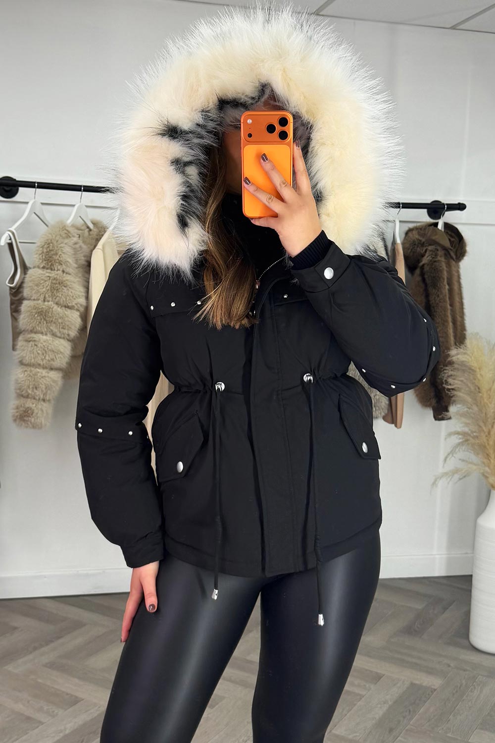 Black Coat With Faux Fur Hood And Drawstring Waist