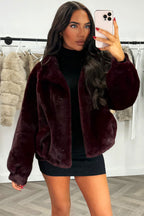 Funnel Neck Faux Fur Jacket Burgundy