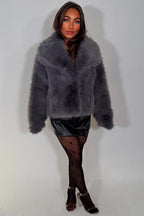 Faux Fur Jacket Collared Grey