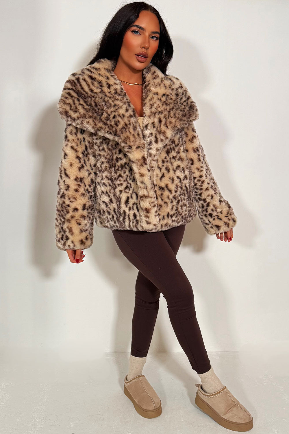 Faux Fur Jacket In Beige Leopard Print