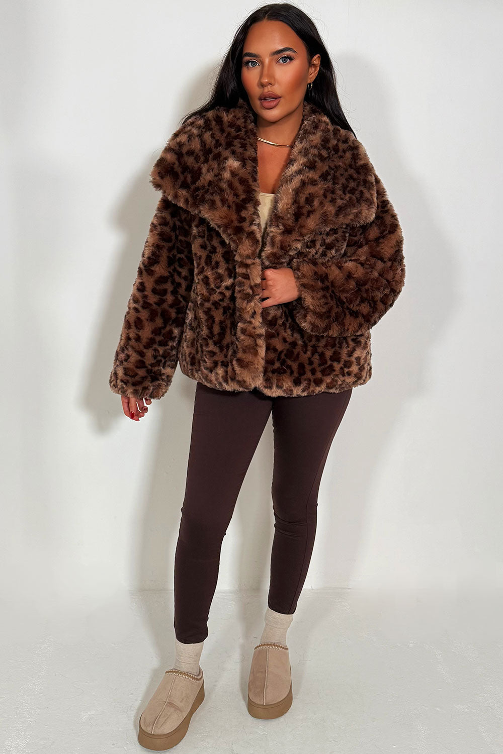 Faux Fur Jacket In Tan Leopard Print