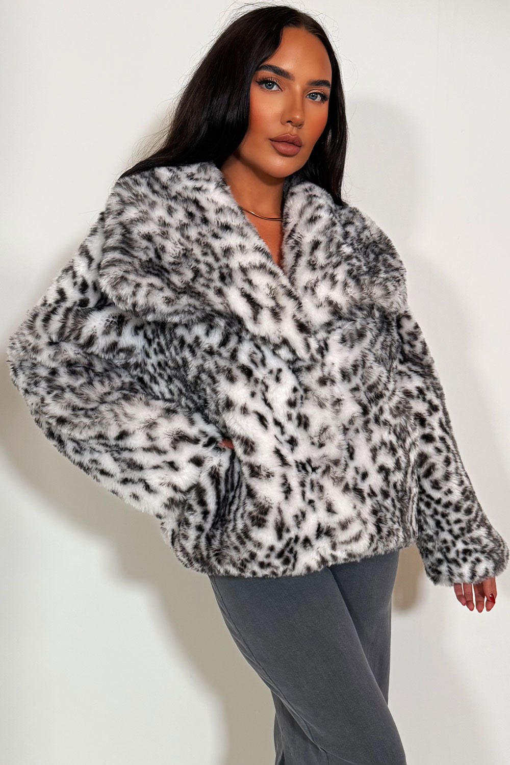 Faux Fur Jacket In White Leopard Print