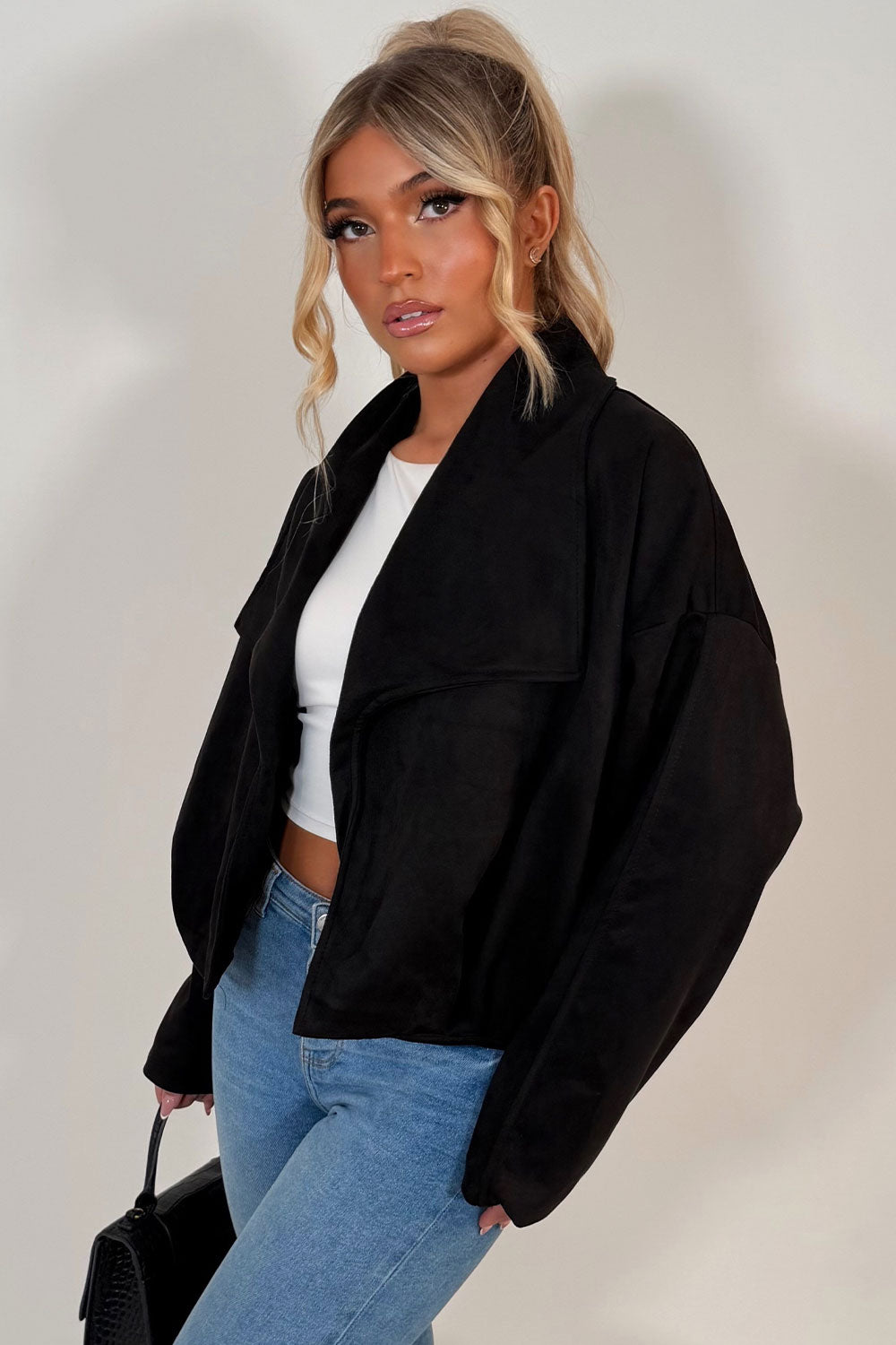 Faux Suede Jacket With Open Front Black